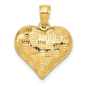 14k Yellow Gold Basket Weave Pattern 3-D Puffed Heart Pendant