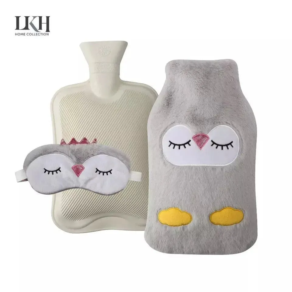 2L Hot Water Bottle & Eye Mask Set Natural Rubber Grey Faux Fur Cover