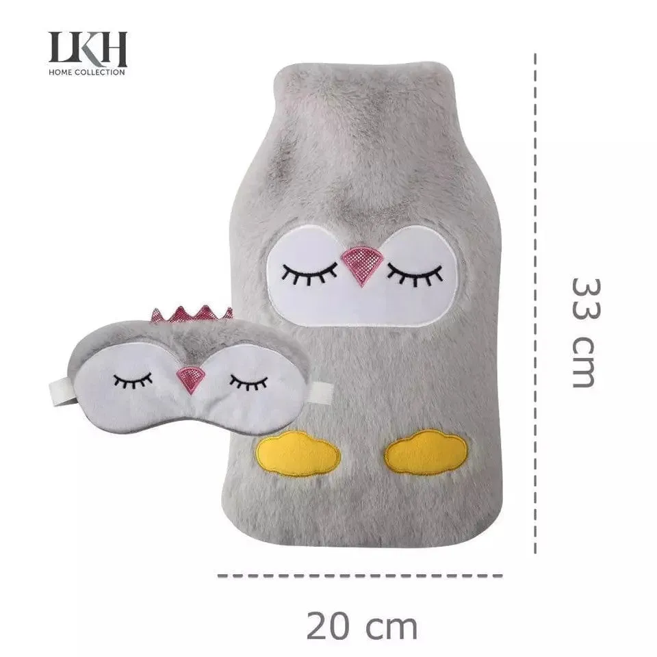 2L Hot Water Bottle & Eye Mask Set Natural Rubber Grey Faux Fur Cover