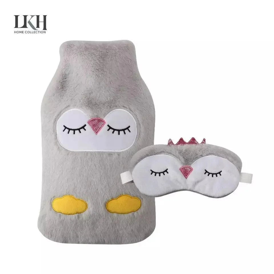 2L Hot Water Bottle & Eye Mask Set Natural Rubber Grey Faux Fur Cover