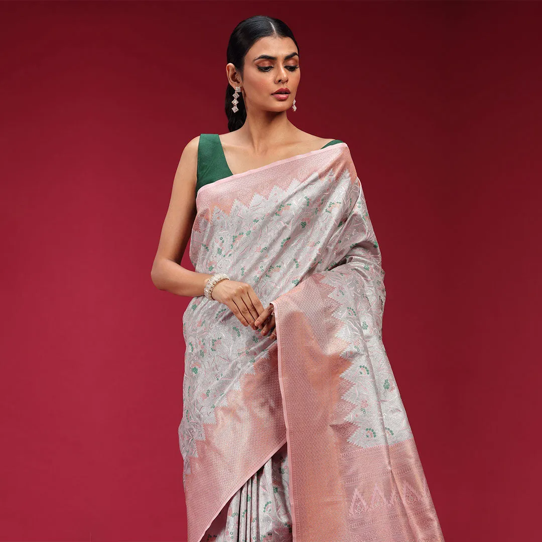 Banarasi Saree in Pink with Beautiful Green Prints