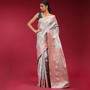 Banarasi Saree in Pink with Beautiful Green Prints