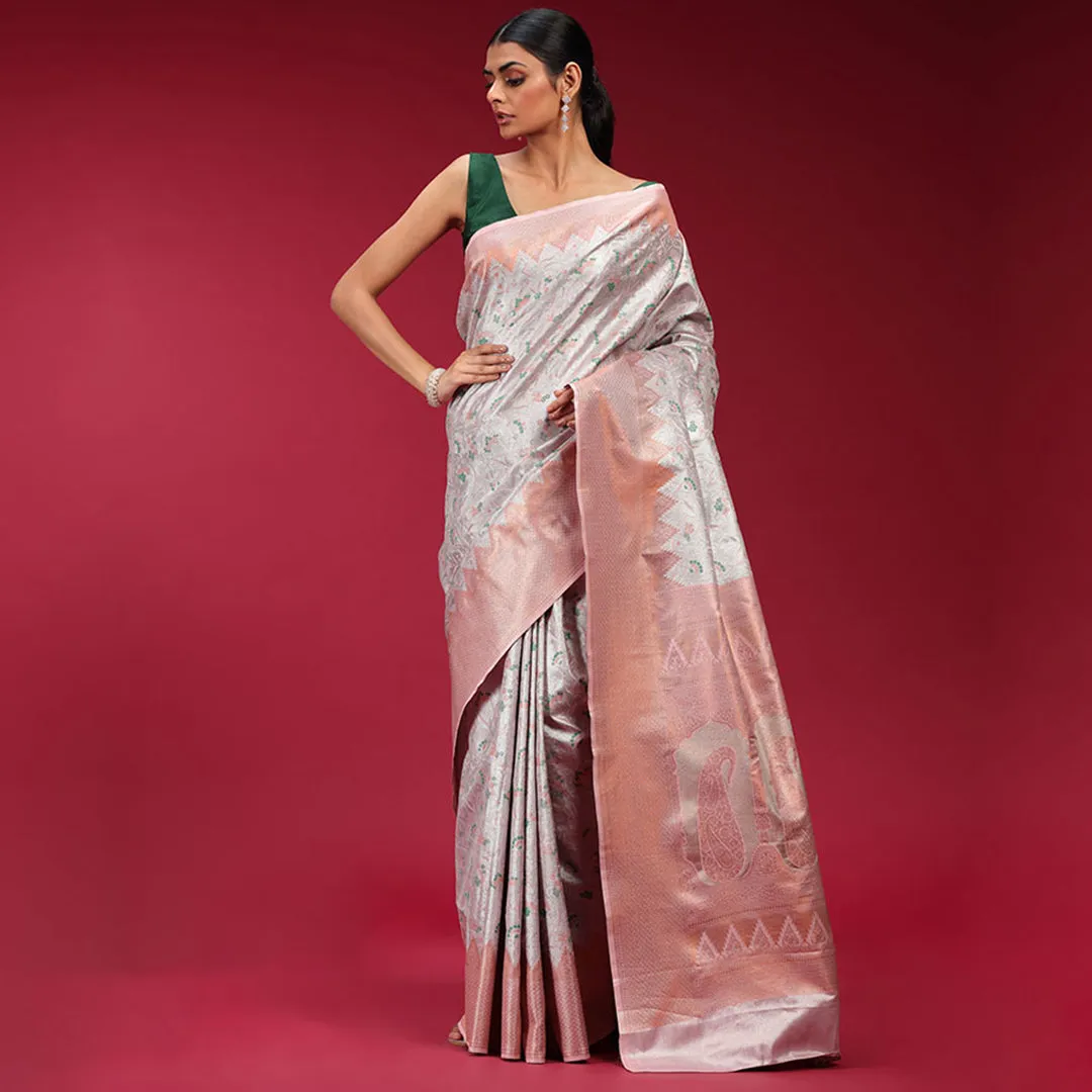 Banarasi Saree in Pink with Beautiful Green Prints