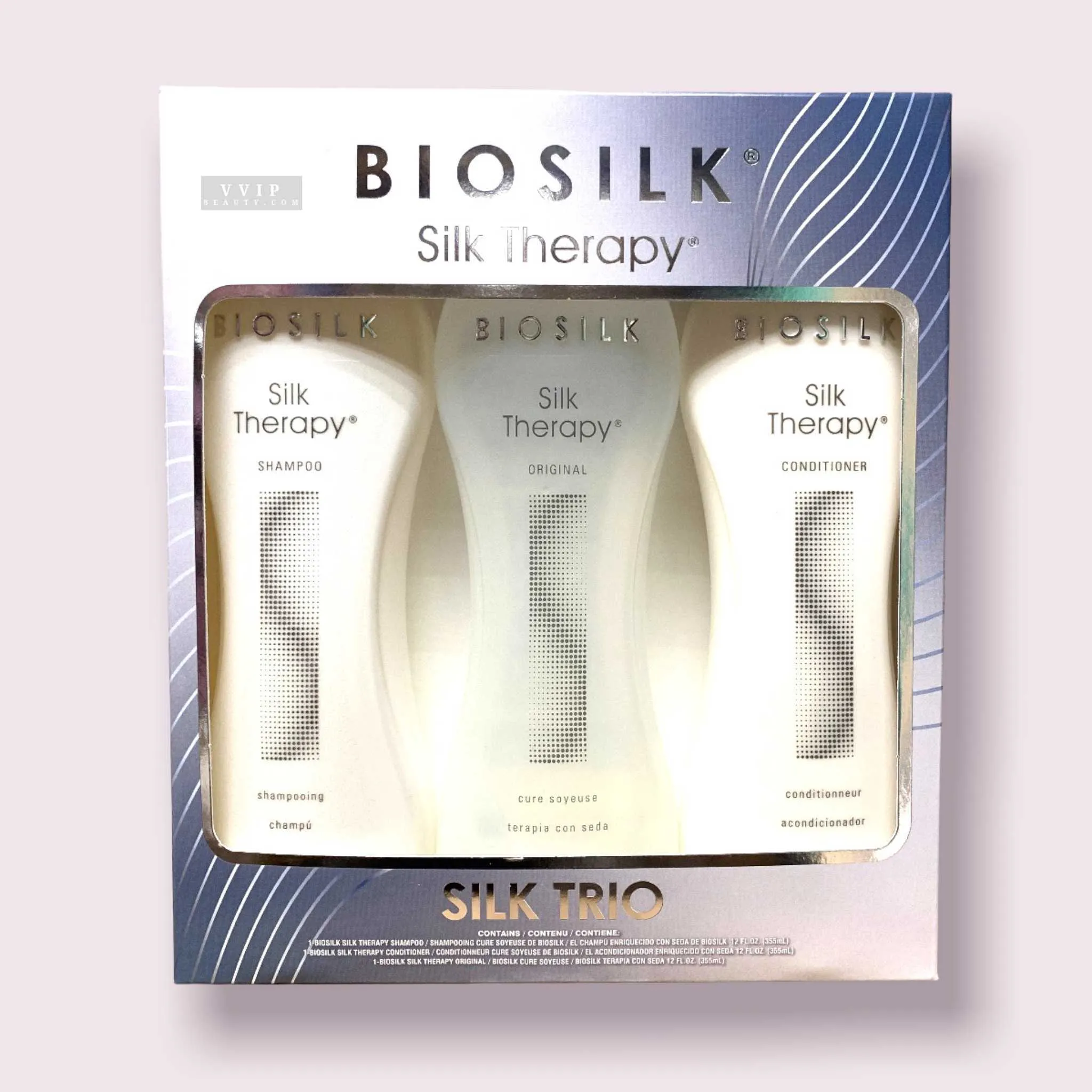 BioSilk Silk Therapy Trio Kit 12oz With Silk Therpy 12oz, Silk Therapy Shampoo 12oz, Silk Therapy Conditioner 12oz.