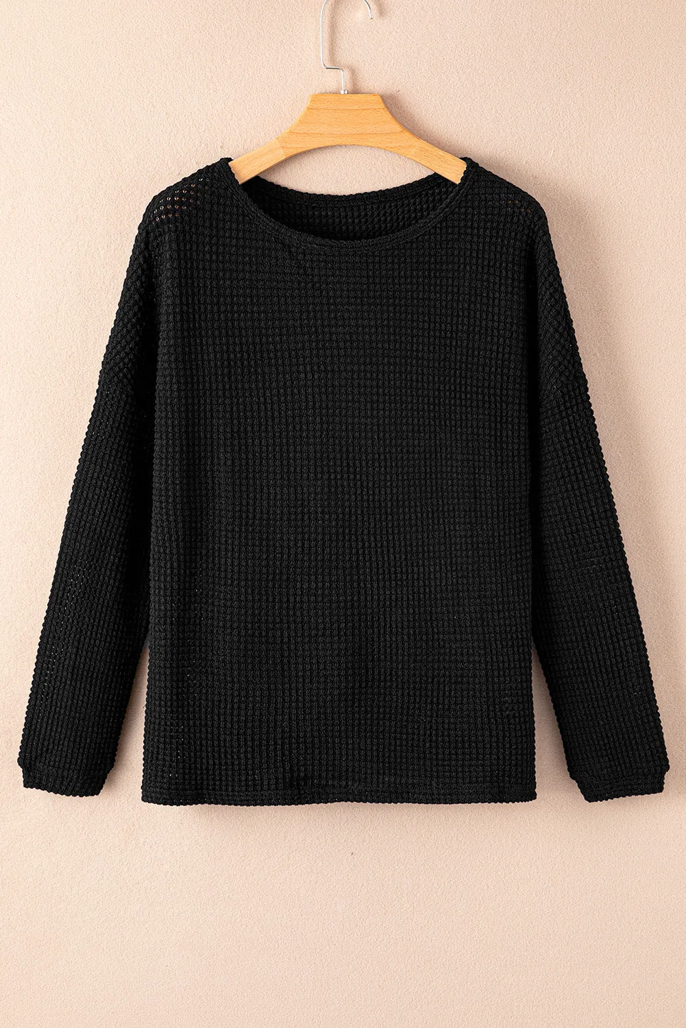 Black Waffle Knit Drop Shoulder Long Sleeve Top
