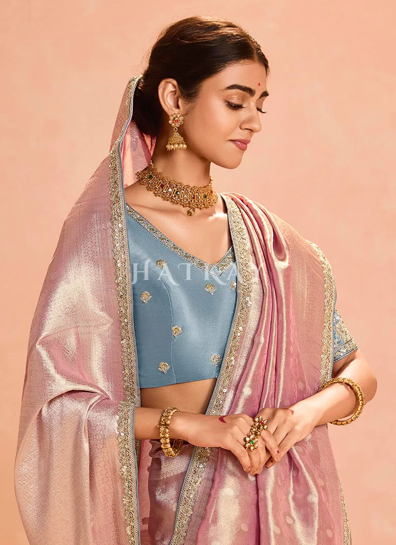 Blush Pink And Blue Embroidery Saree