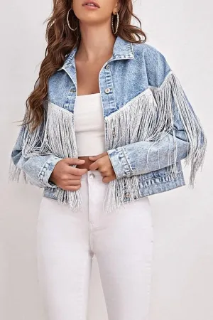 Casual Solid Tassel Patchwork Turndown Collar Long Sleeve Loose Denim Jacket