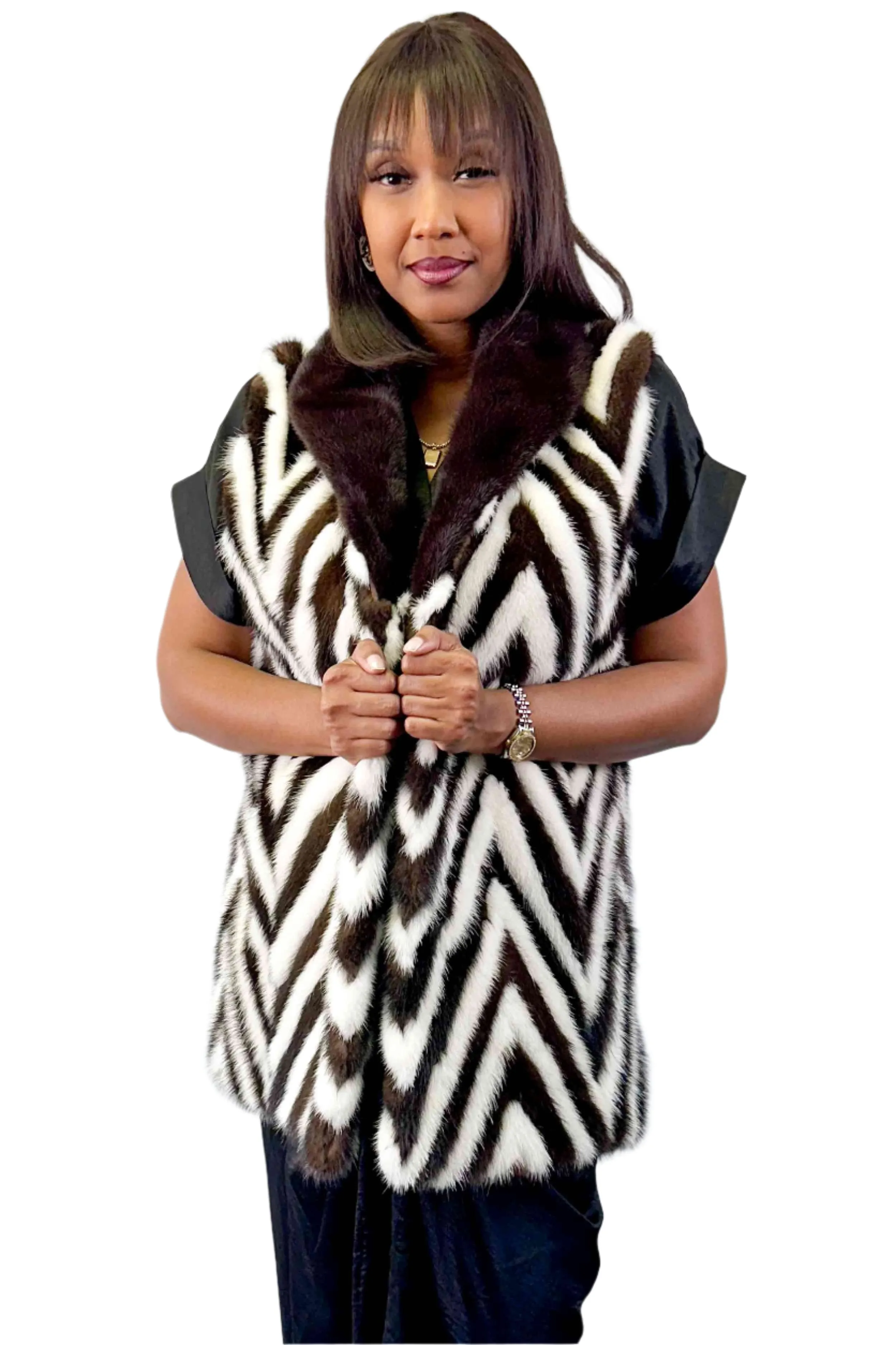 Chevron Mink Fur Vest with Shawl Collar