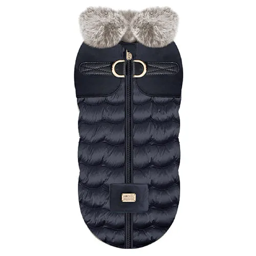 CLEA Quilted Harness Dog Coat with Faux Fur Trim in Navy