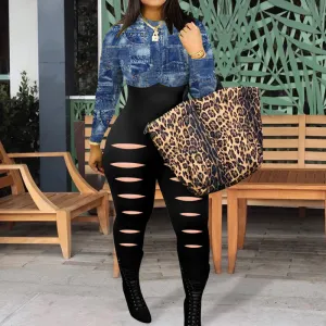 Colorblock Print Cut Out Long Sleeve Jumpsuit