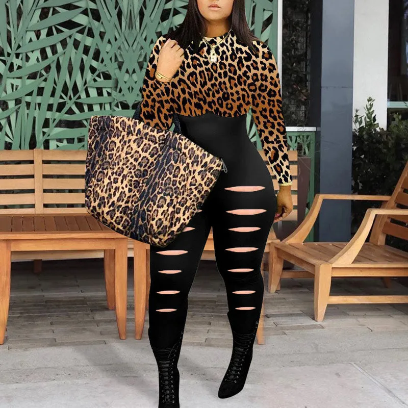Colorblock Print Cut Out Long Sleeve Jumpsuit
