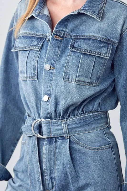 Denim Lab USA Belted Collared Button Front Denim Jumpsuit