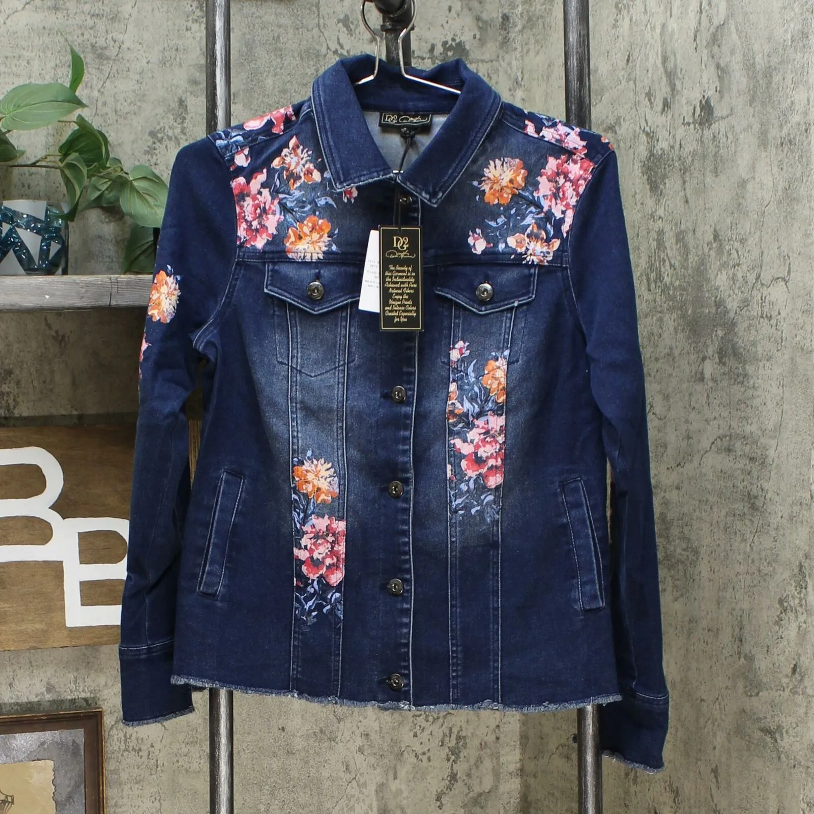 DG2 by Diane Gilman Women's Virtual Stretch Floral Raw Hem Jean Jacket