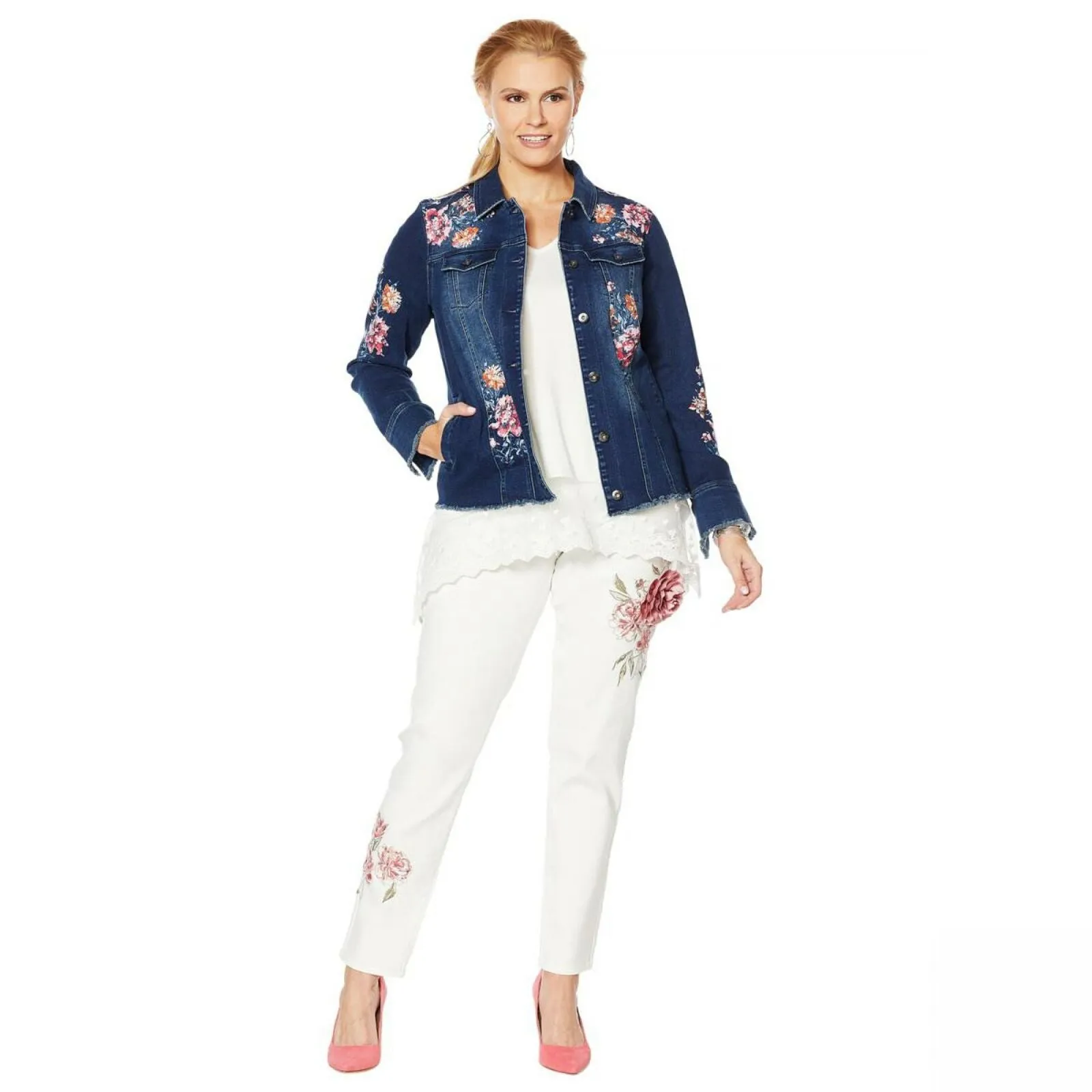 DG2 by Diane Gilman Women's Virtual Stretch Floral Raw Hem Jean Jacket