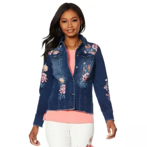 DG2 by Diane Gilman Women's Virtual Stretch Floral Raw Hem Jean Jacket