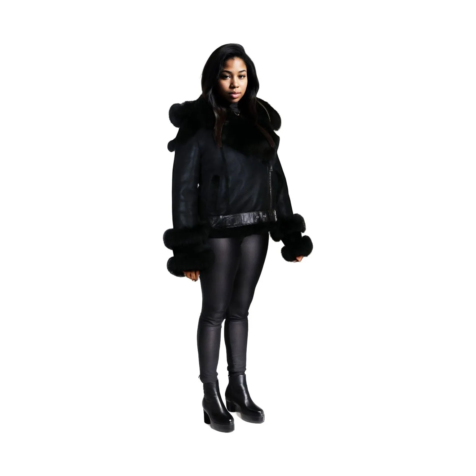 DODICI Women's Sheepskin Shearling Jacket with Fox Trim