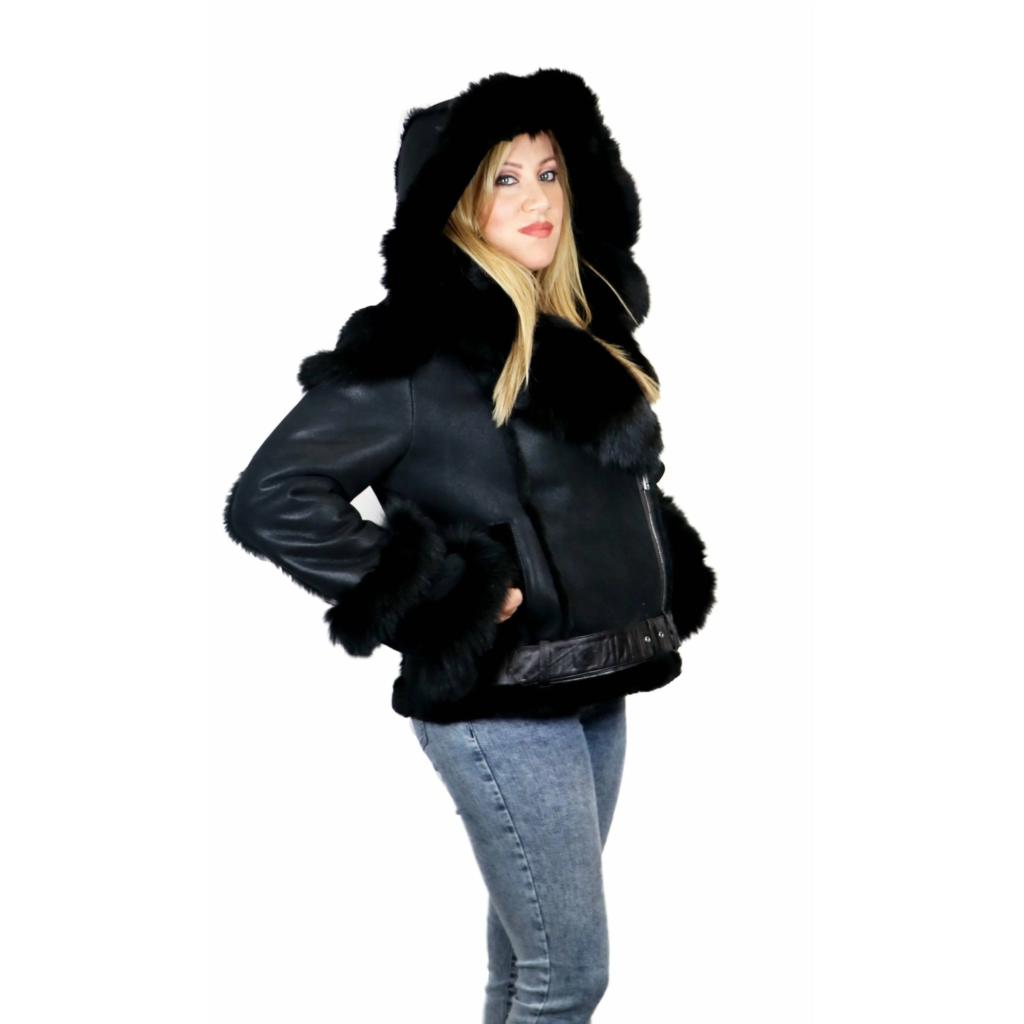 DODICI Women's Sheepskin Shearling Jacket with Fox Trim