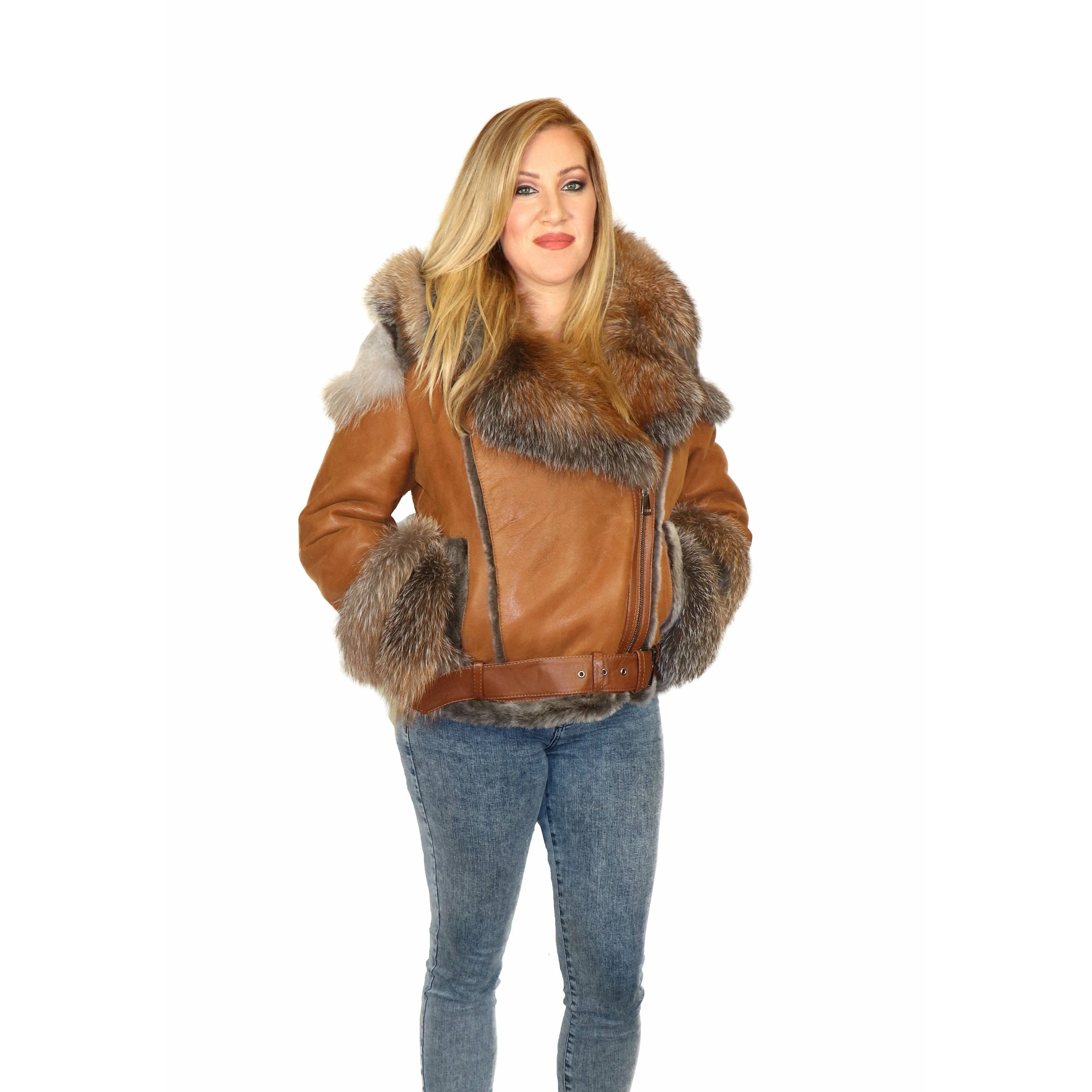DODICI Women's Sheepskin Shearling Jacket with Fox Trim
