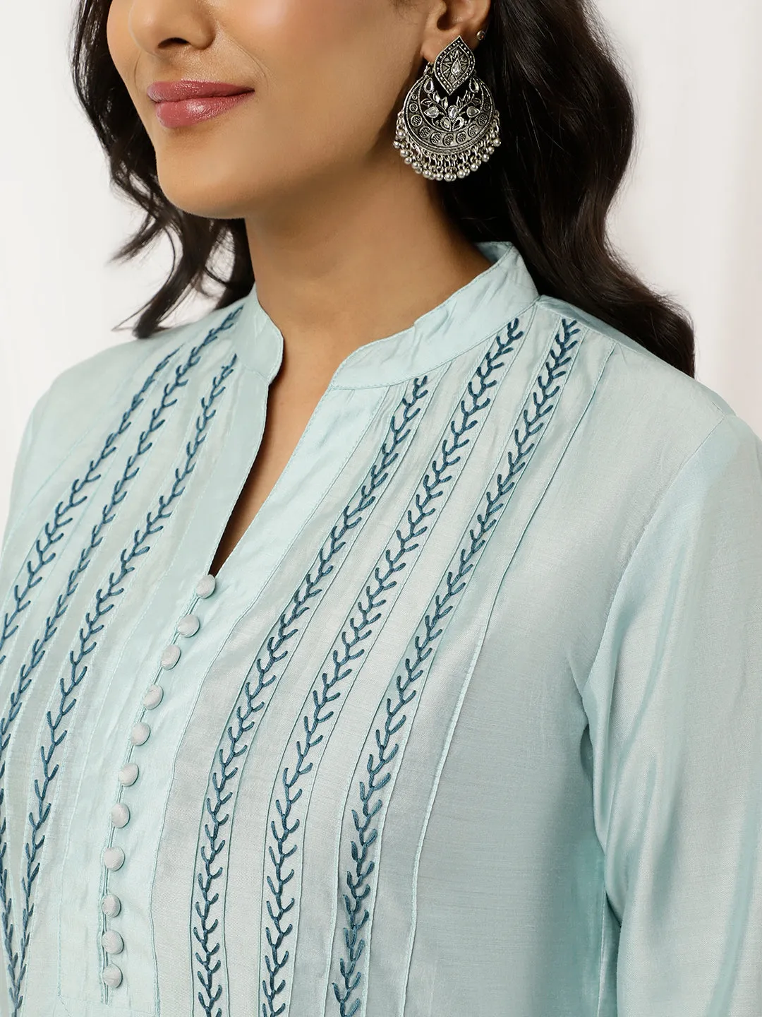 Embroidered Light Blue Pintuck Straight Kurta