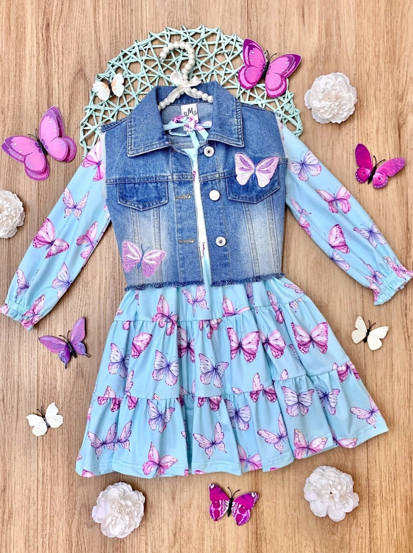 Give Me Butterflies Denim Vest And Dress Set
