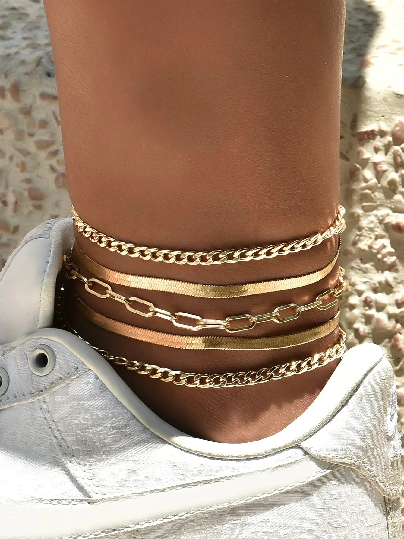 Gold Plated Cuban, Herringbone, Paper Clip 5pc Ankle Bracelet Stack Set