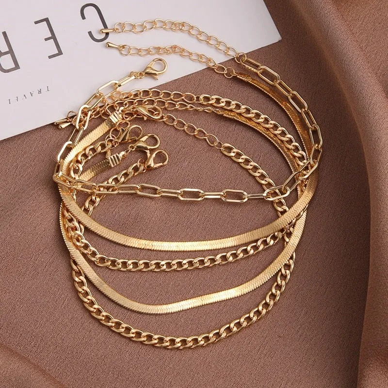 Gold Plated Cuban, Herringbone, Paper Clip 5pc Ankle Bracelet Stack Set
