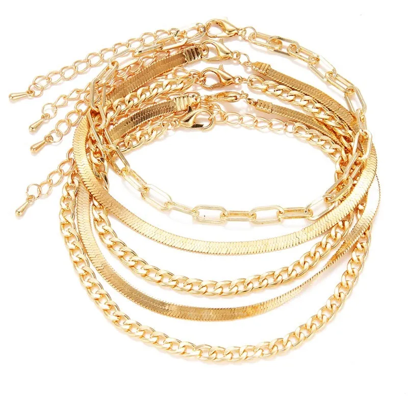 Gold Plated Cuban, Herringbone, Paper Clip 5pc Ankle Bracelet Stack Set