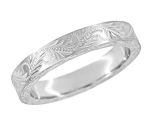 Hand Carved Leaves & Scrolls 5mm Wide Western Platinum Vintage Style Wedding Ring