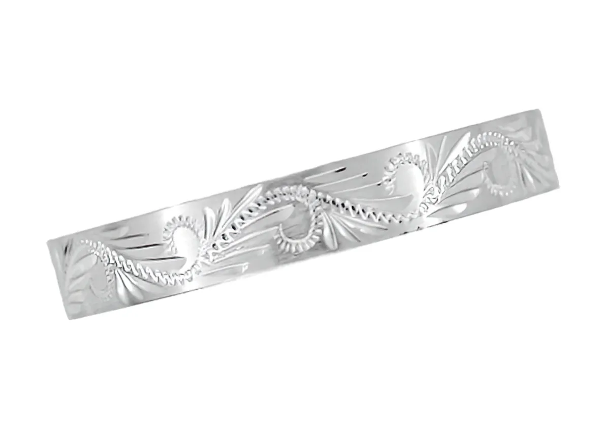 Hand Carved Leaves & Scrolls 5mm Wide Western Platinum Vintage Style Wedding Ring