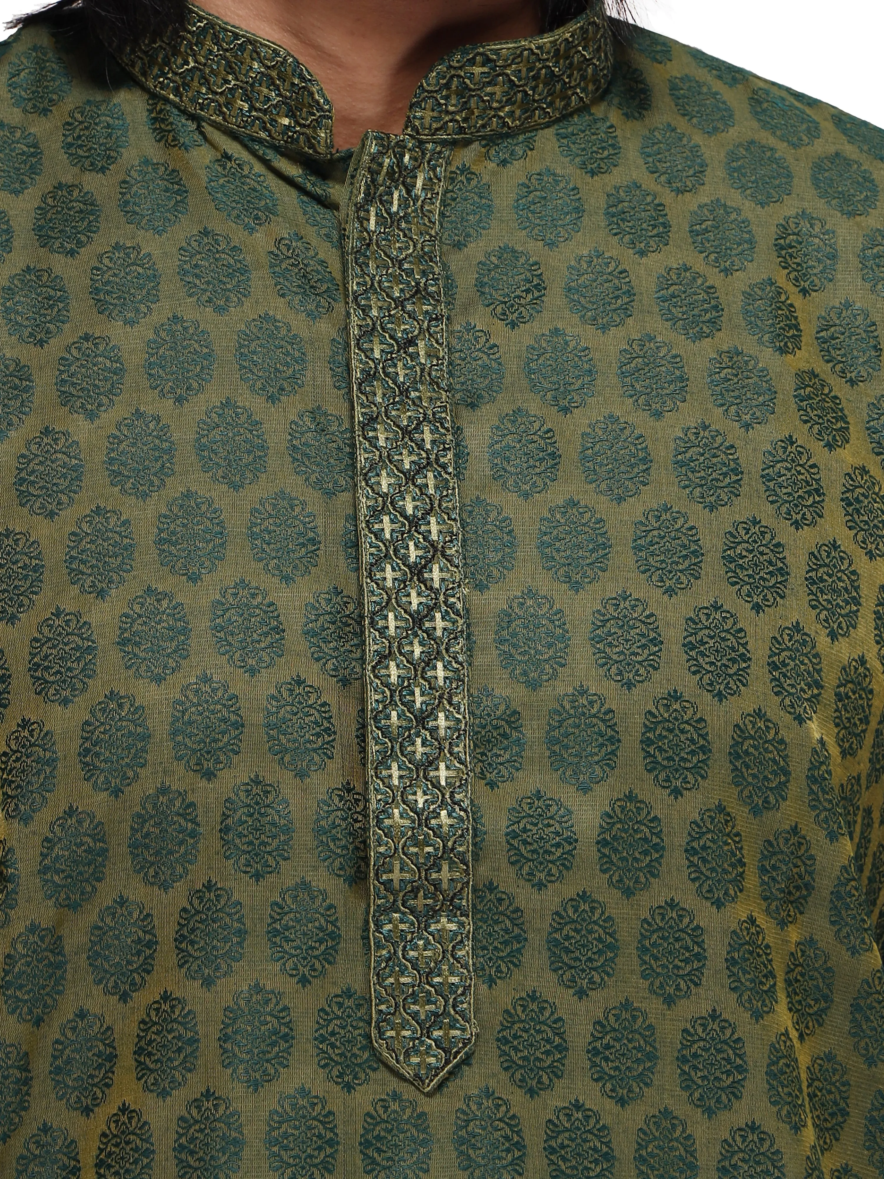 Klassic Men's Cotton Silk Blend Green Color Regular Fit Kurta with Floral Neck Detailing