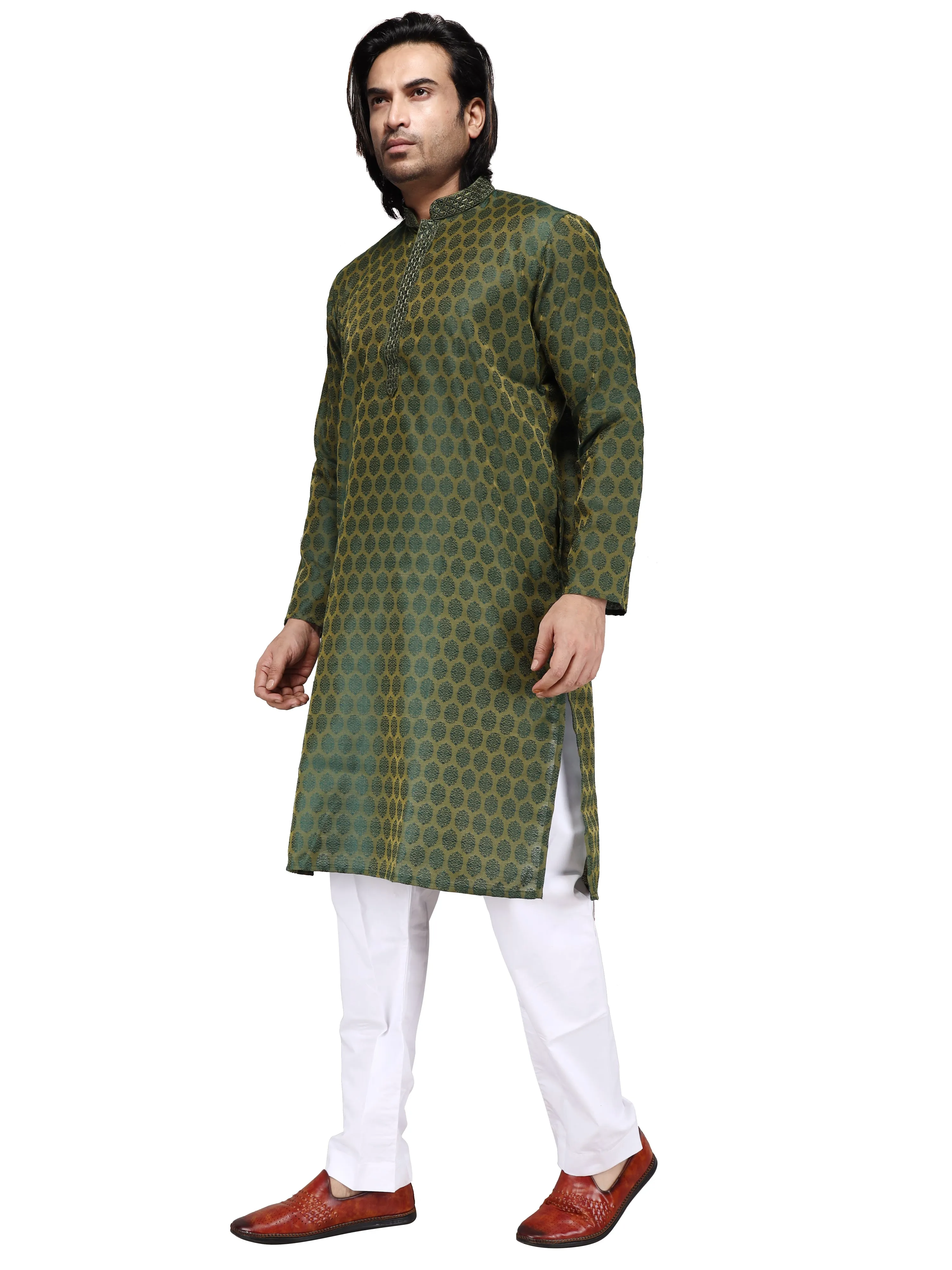 Klassic Men's Cotton Silk Blend Green Color Regular Fit Kurta with Floral Neck Detailing