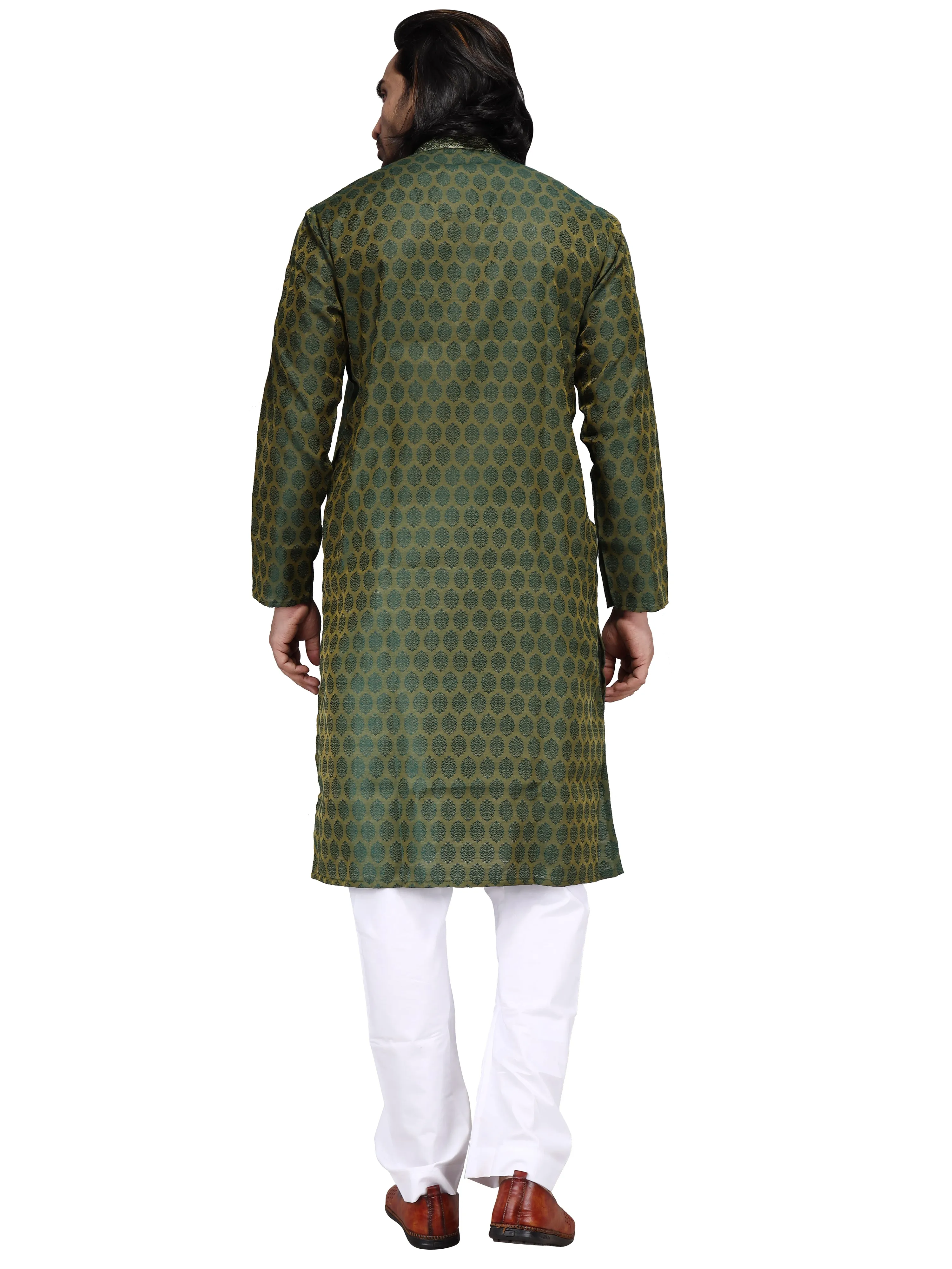 Klassic Men's Cotton Silk Blend Green Color Regular Fit Kurta with Floral Neck Detailing
