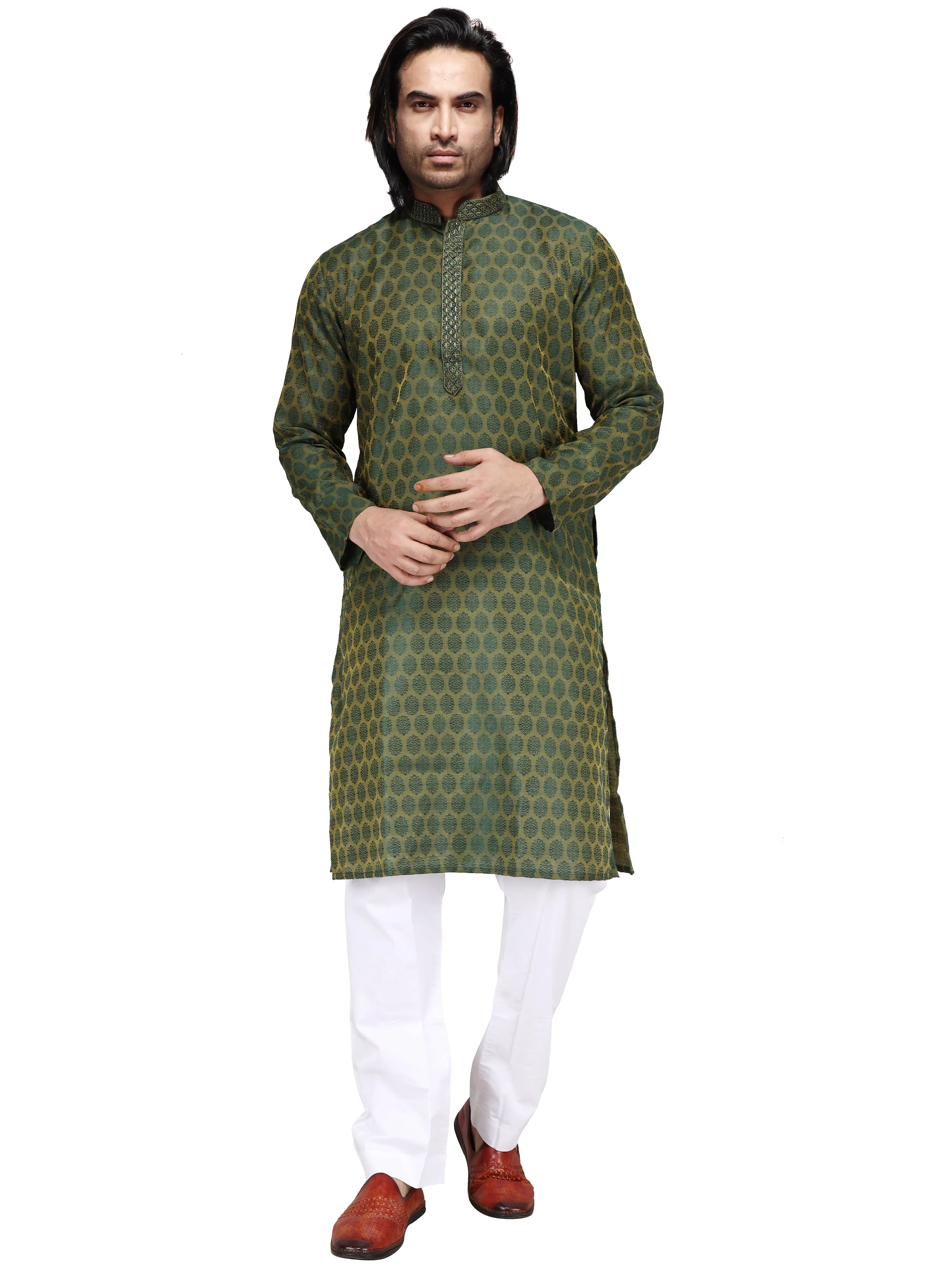Klassic Men's Cotton Silk Blend Green Color Regular Fit Kurta with Floral Neck Detailing