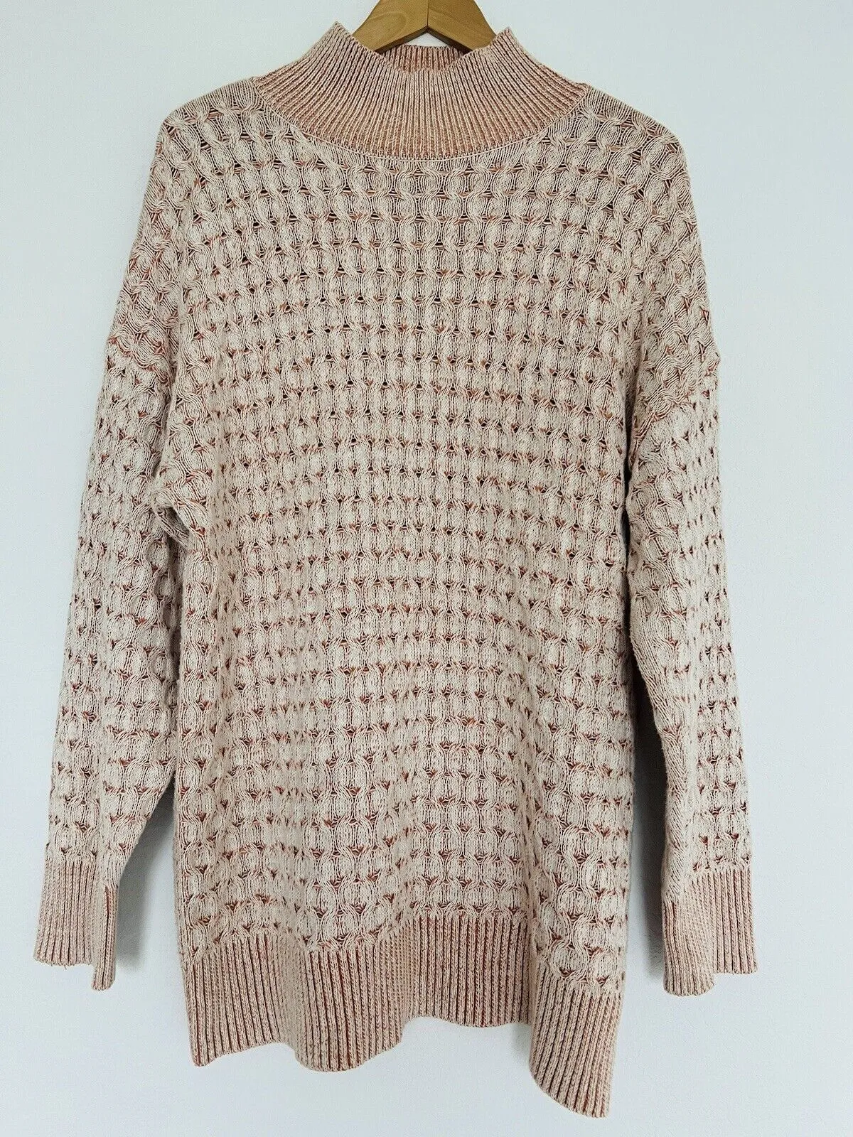KNOX ROSE Heavy Knit Long Sweater Sz L Cream Peach Color Mock Neck Boho