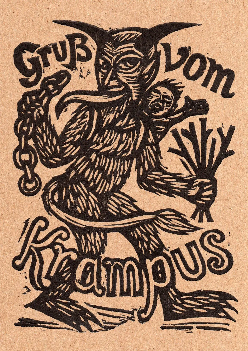 Krampus Postcard/Miniprint: Letterpress, Linocut