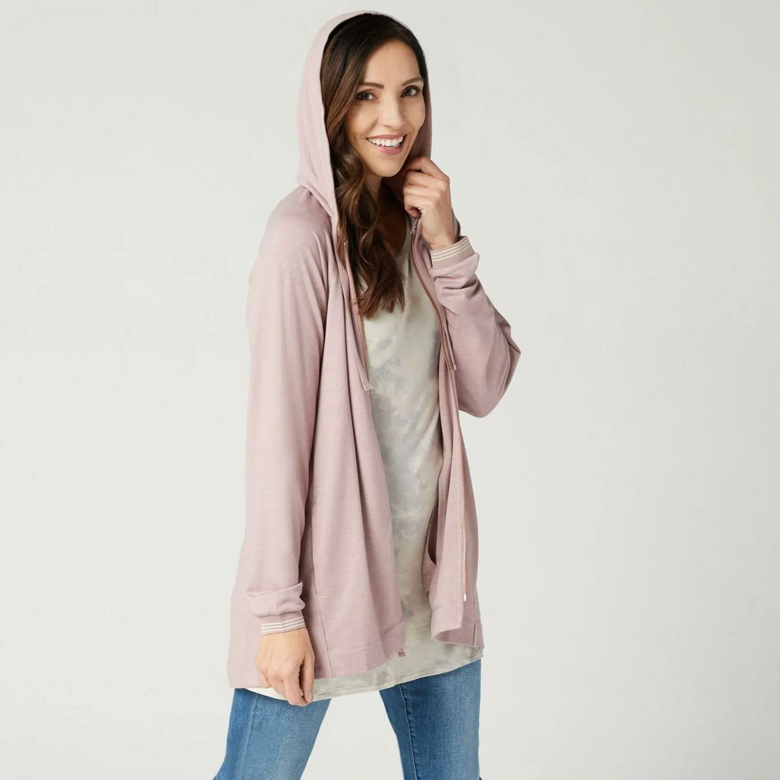LOGO by Lori Goldstein Lounge French Terry Zip Front Hoodie Rose Medium
