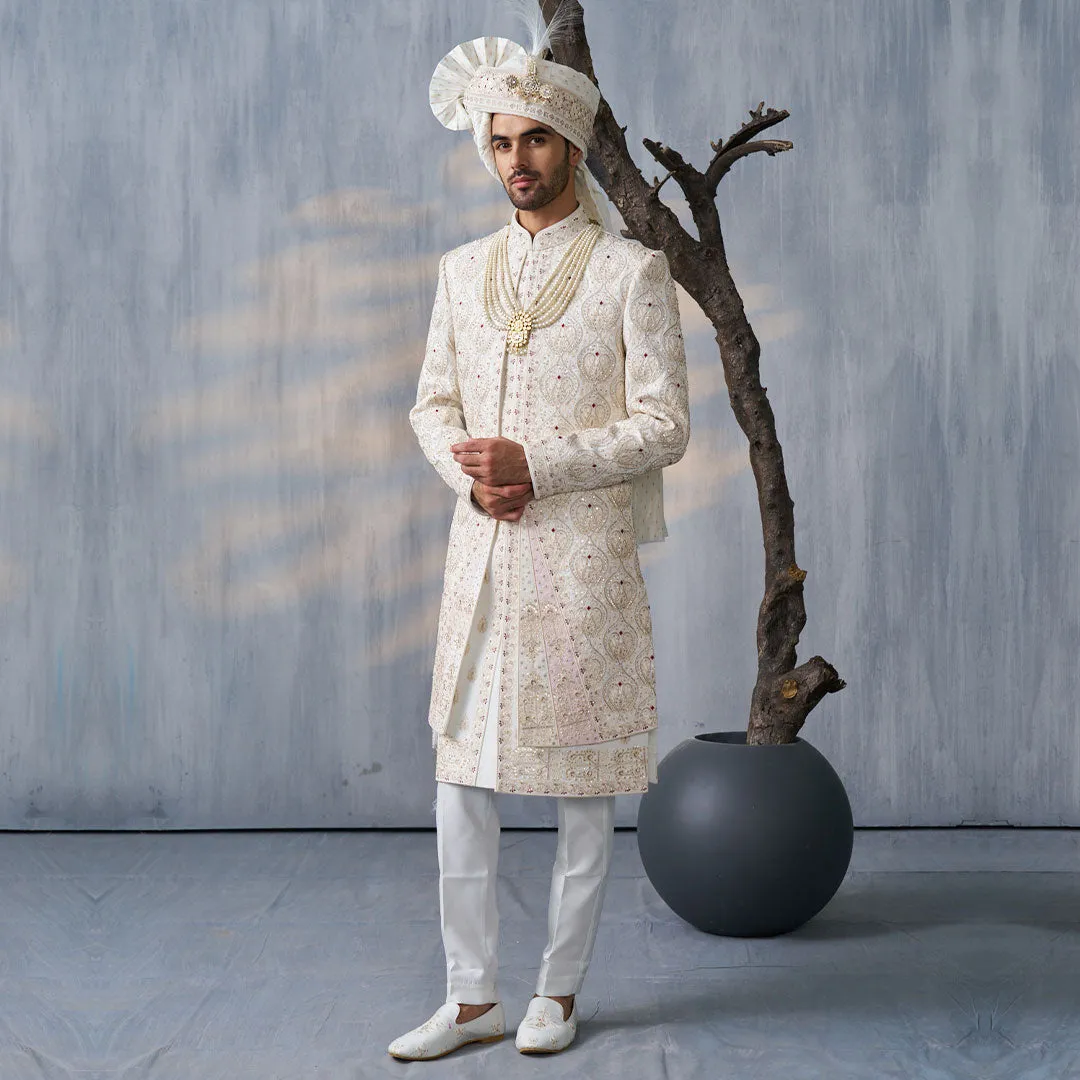 Luxurious Cream Sherwani with Full Embroidery Detailing