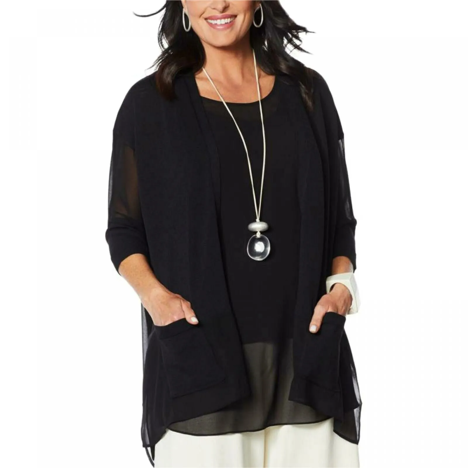 MarlaWynne WynneLayers Sweater Knit Topper Cardigan With Chiffon