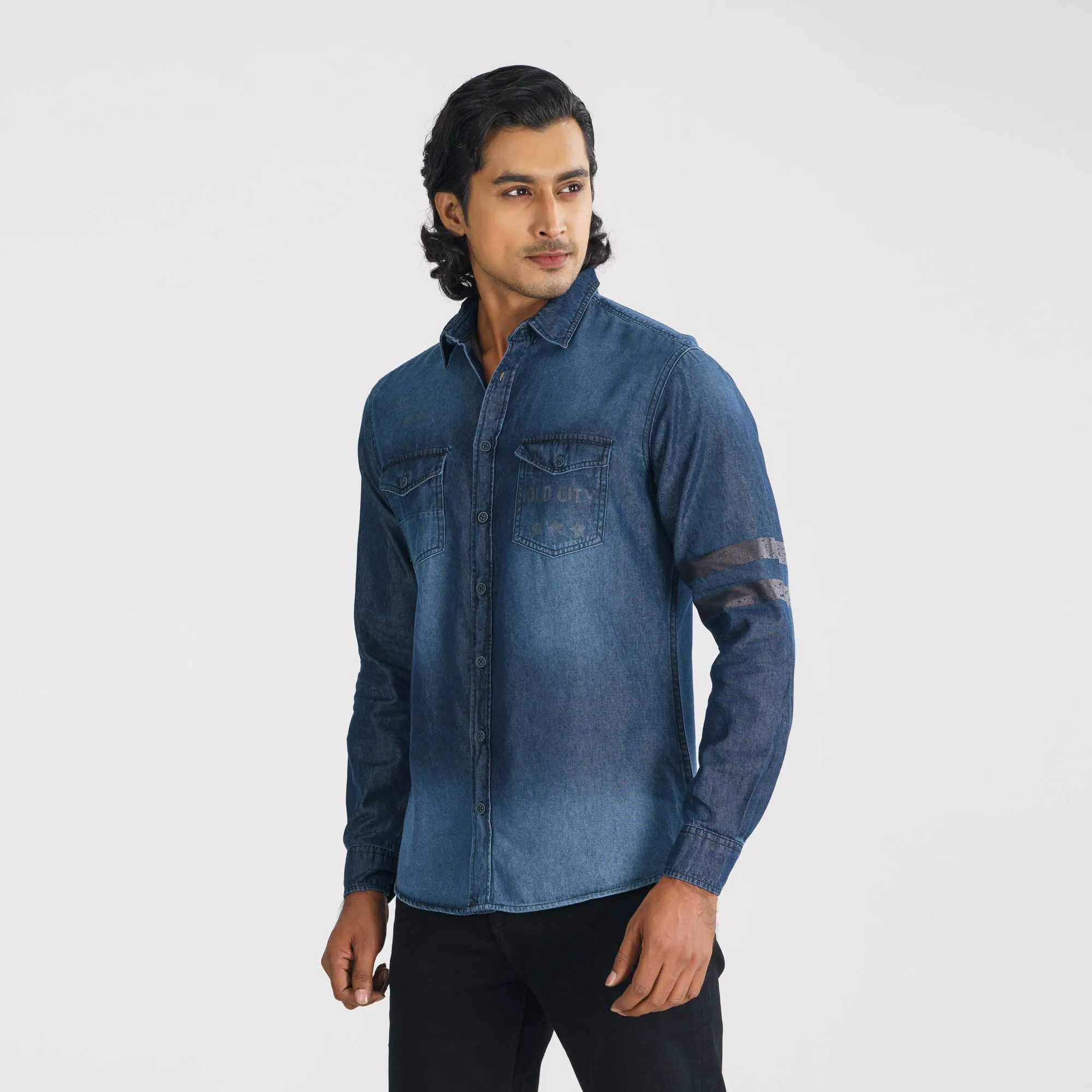 Mens Printed Denim Shirt