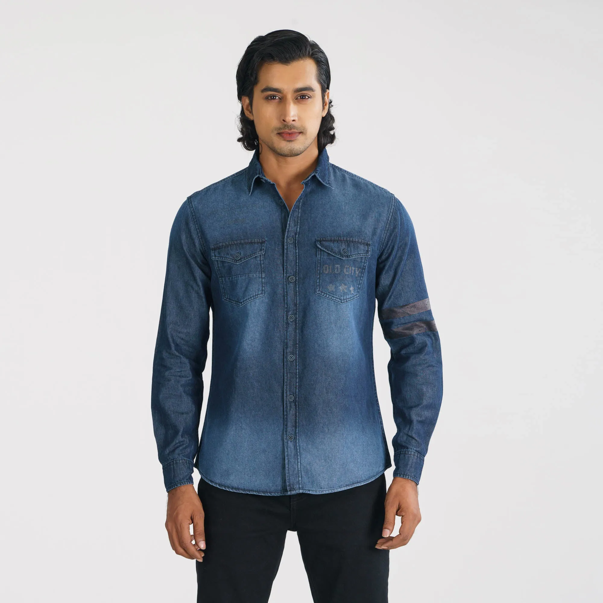 Mens Printed Denim Shirt