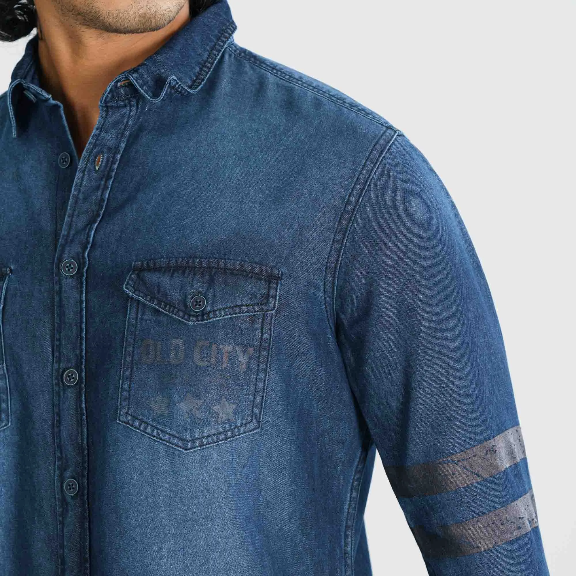 Mens Printed Denim Shirt