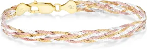 Miabella Tri-Color 18K Gold Over 925 Sterling Silver Italian 6-Strand 7mm Braided Herringbone Chain Bracelet for Women, Made in Italy