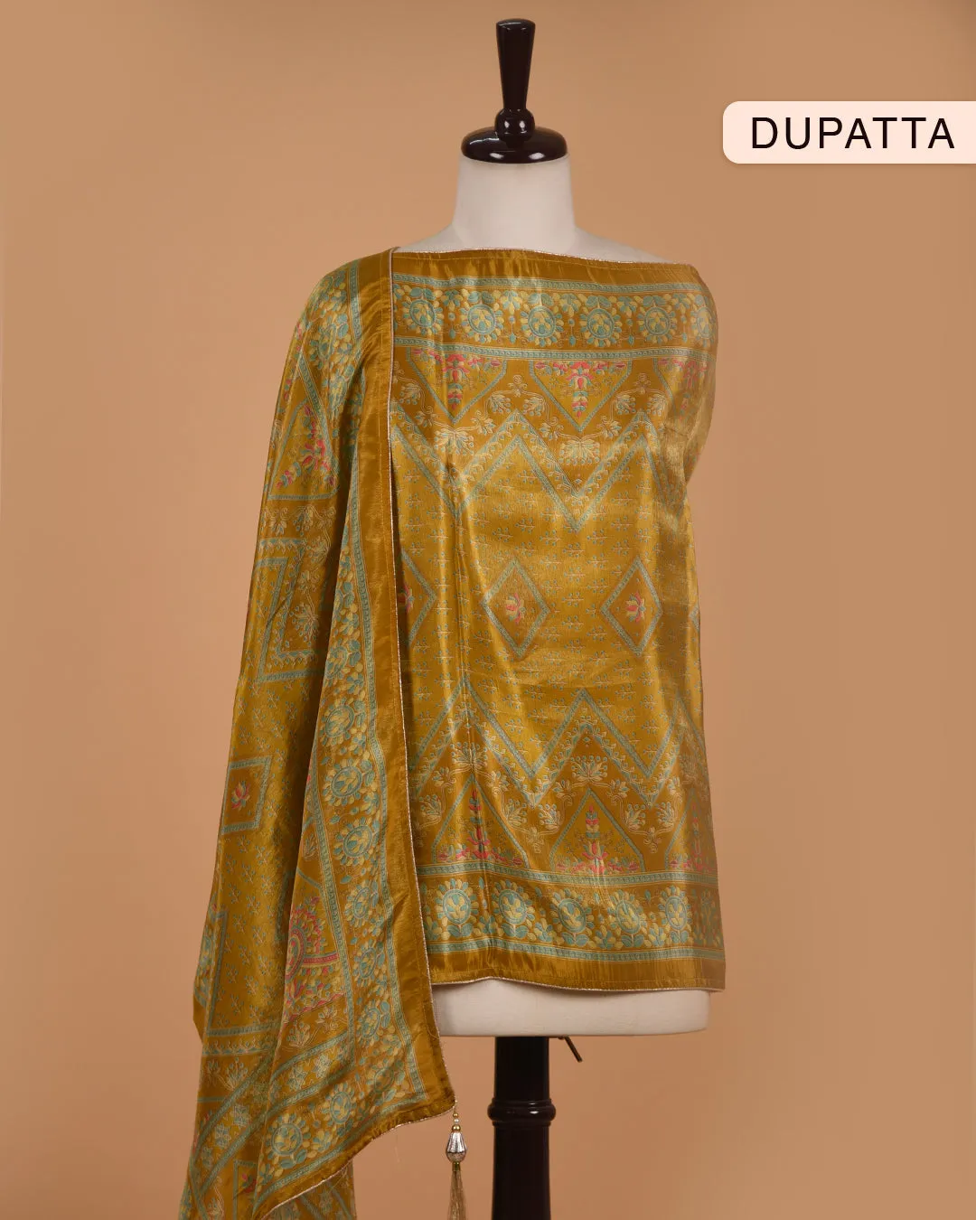 Mustard Satin Silk Blend Printed With Embroidery Unstitched Suit Fabric Set With Satin Silk Blend Printed Dupatta
