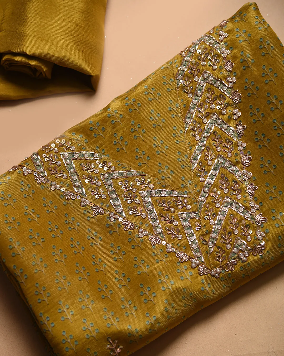 Mustard Satin Silk Blend Printed With Embroidery Unstitched Suit Fabric Set With Satin Silk Blend Printed Dupatta