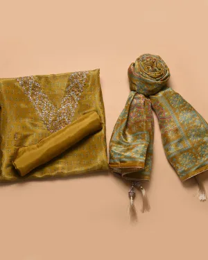 Mustard Satin Silk Blend Printed With Embroidery Unstitched Suit Fabric Set With Satin Silk Blend Printed Dupatta