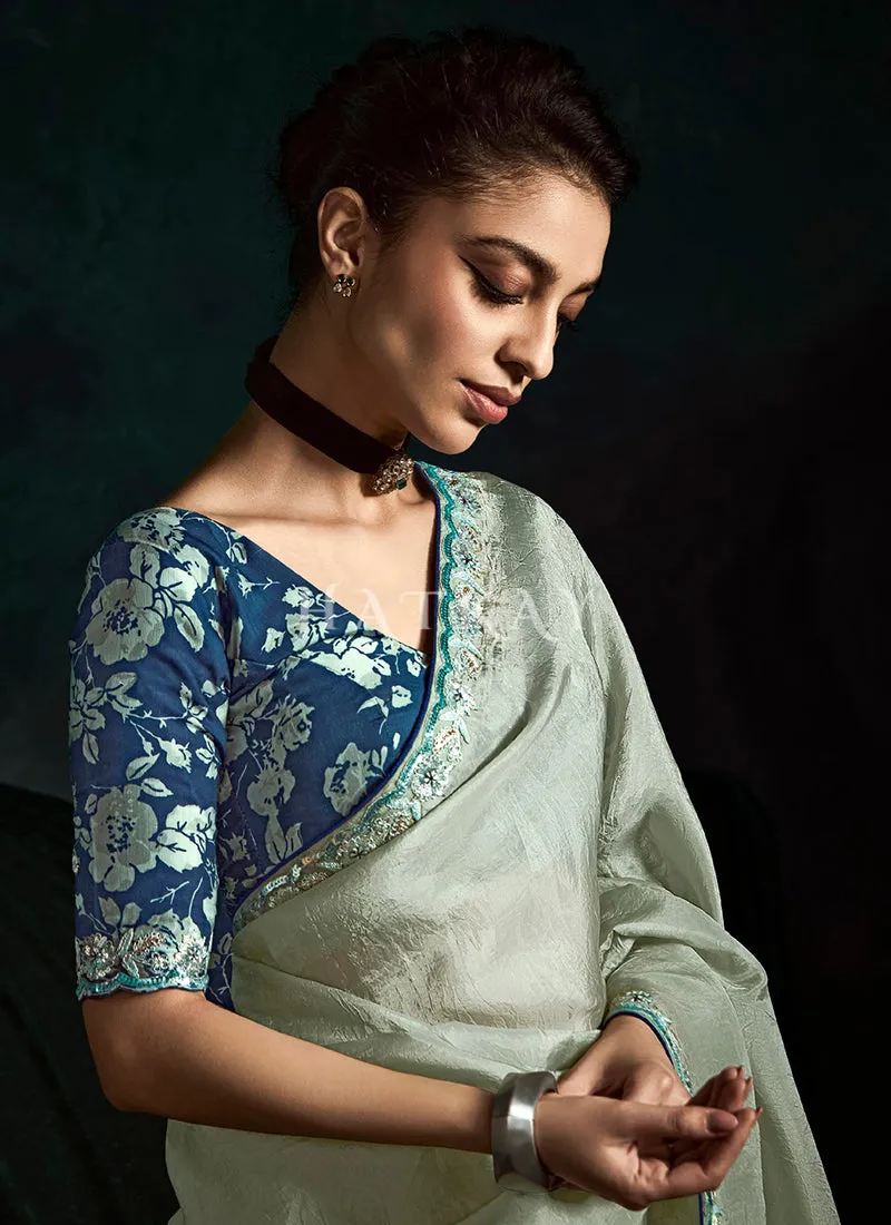 Pastel Green And Blue Handwork Tissue Silk Saree