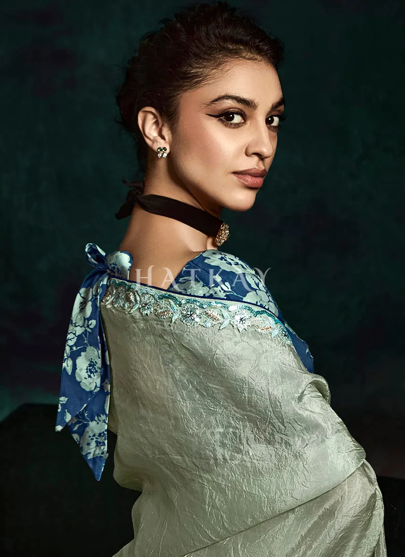Pastel Green And Blue Handwork Tissue Silk Saree