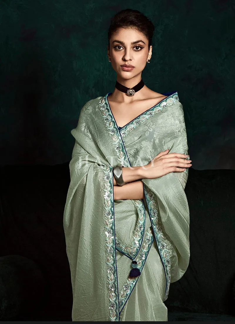 Pastel Green And Blue Handwork Tissue Silk Saree