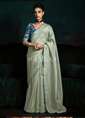 Pastel Green And Blue Handwork Tissue Silk Saree