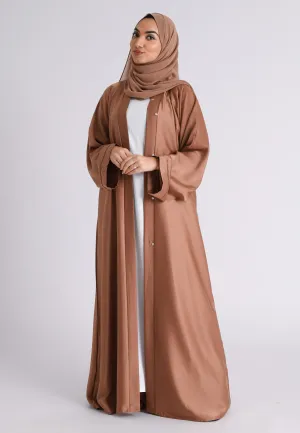 Plain Liquid Satin Open Abaya - Bronze